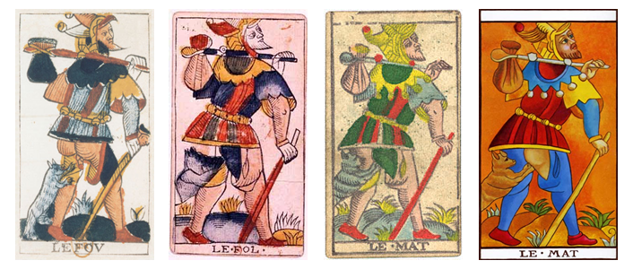 Four versions of the Fool trump of the Marseilles Tarot